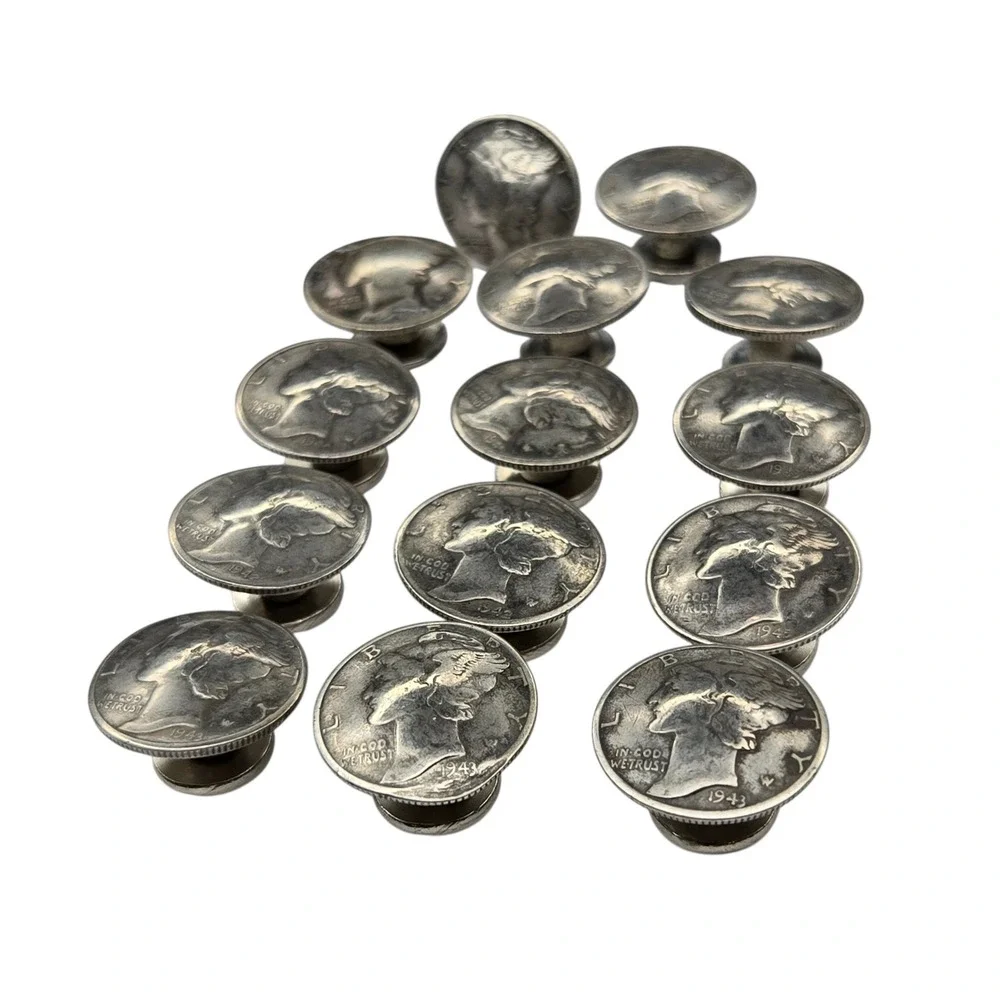 Vintage Mercury Dime Buttons Silver 18mm Silver Set of 14 Screw Back Studs